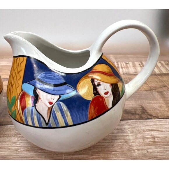 Hand-Painted Ceramic Creamer & Sugar Set With Colorful Lady Design - Unique & Fu - Picture 2 of 9